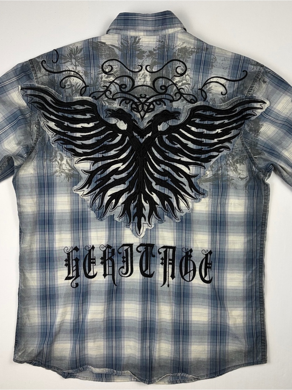 Roar Men’s XL Blue Plaid Shirt Cross Graphic Embroidered Y2K Biker Gothic